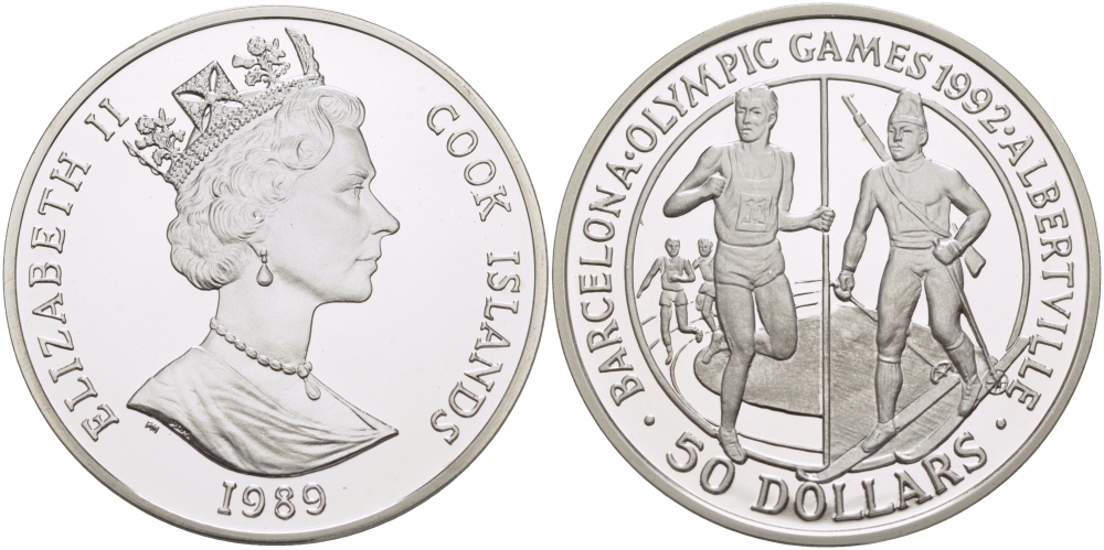 Острова Кука 50 долларов 1989 XXV летние Олимпийские игры 1992 года в Барселоне и XVI Зимние Олимпийские игры 1992 в Альбервиле KM 60 серебро PROOF 02-112-31
