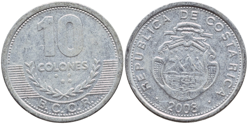 КОСТА-РИКА 10 КОЛОН 2008 B.C.C.R. KM 228b алюминий 51-2446