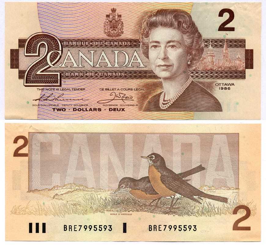 КАНАДА 2 ДОЛЛАРА 1986 ЕЛИЗАВЕТА II, ЗДАНИЕ ПАРЛАМЕНТА, ПОДПИСЬ THIESSEN-CROW Pick 94b бумага 7375-26-3-1