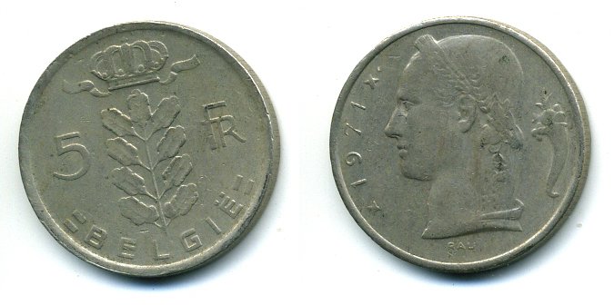 БЕЛЬГИЯ 5 ФРАНКОВ 1971 BELGIE KM 135.1 медно-никель 25-1445
