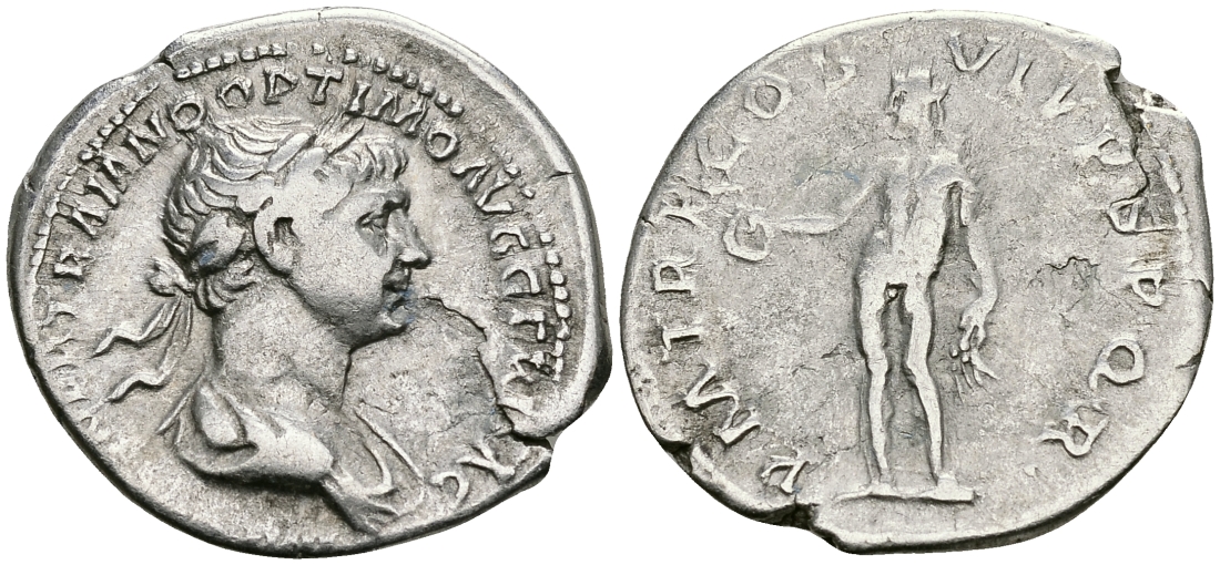 Римская Империя денарий 114 - 117 Траян PM TR P COS VI PP SPQR Гений, держащий патеру и колосья пшеницы Рим Very fine RIC 303 серебро 1073-4-1-7