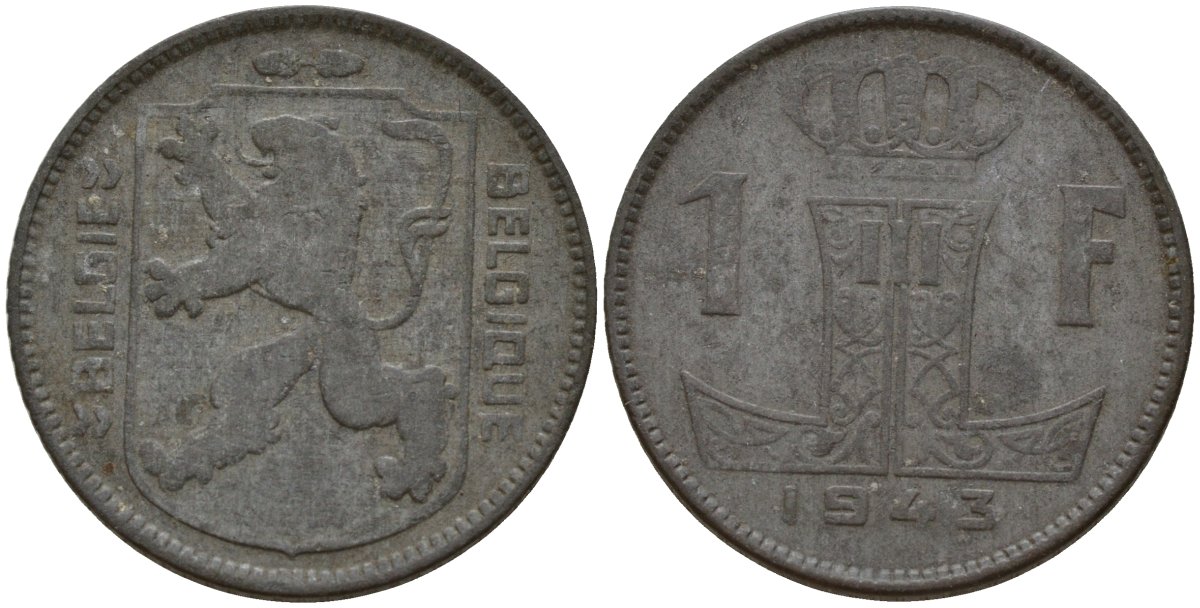 Бельгия 1 франк 1943 Belgique - Belgie, Леопольд III (1934-1947), германская оккупация, Вторая мировая война KM 127 цинк 4161-526