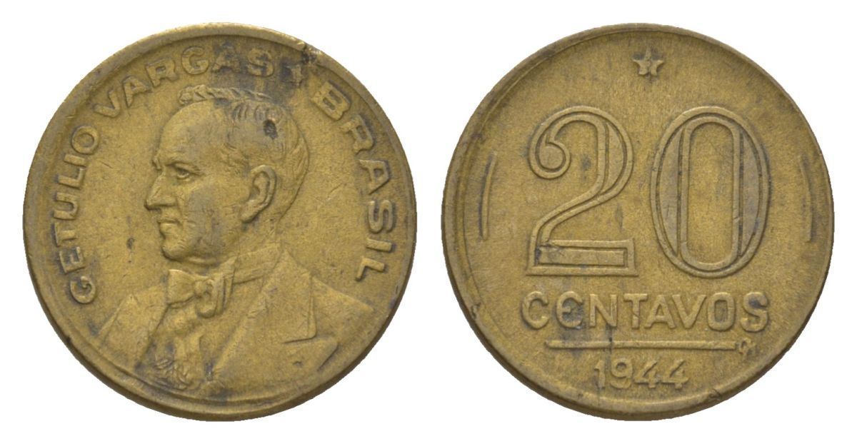 Бразилия 20 сентаво 1944 Жетулиу Варгас KM 556a алюминиевая бронза 4625-936