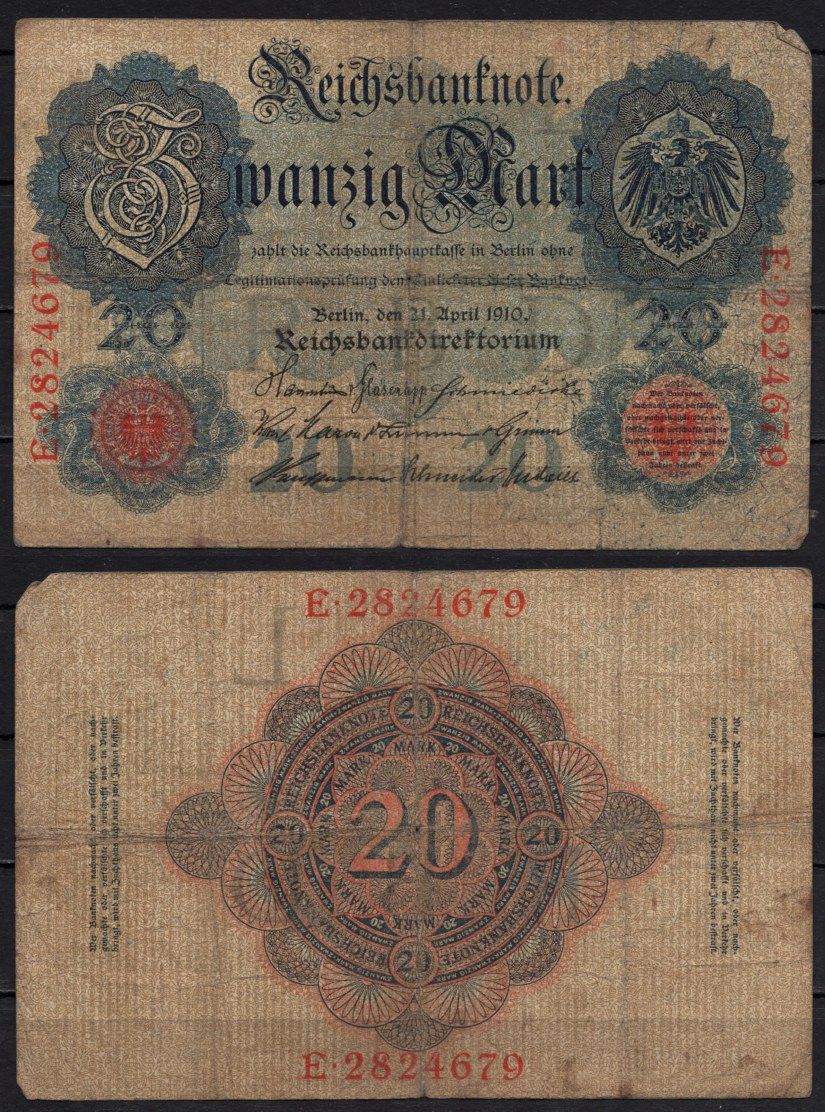 Германия 20 марок 1910 Pick 40 b бумага 6293-37-3-2