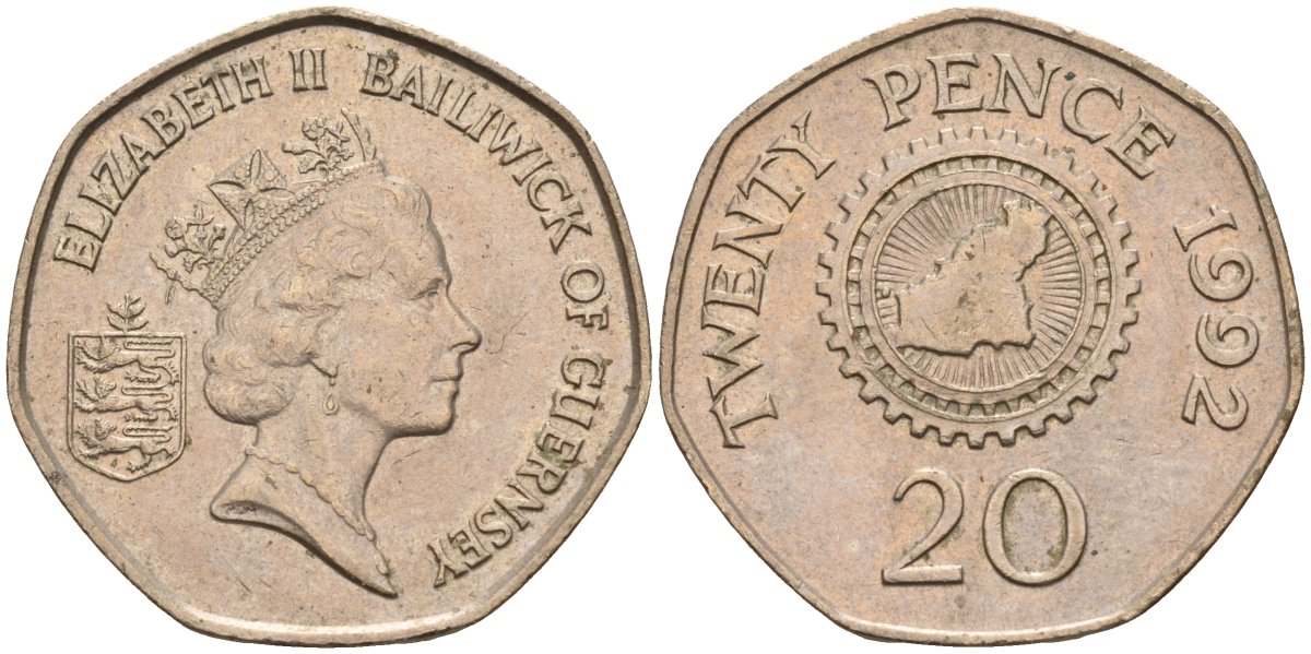 Гернси 20 пенсов 1992 KM 44 медно-никель 4143-1234