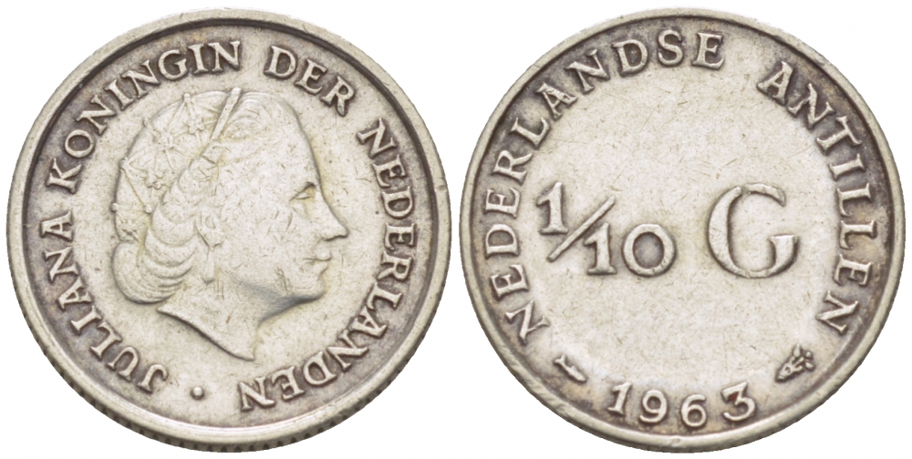 Нидерландские Антилы 1/10 гульдена 1963 Юлиана (1948-1980) KM 3 серебро 112-1058