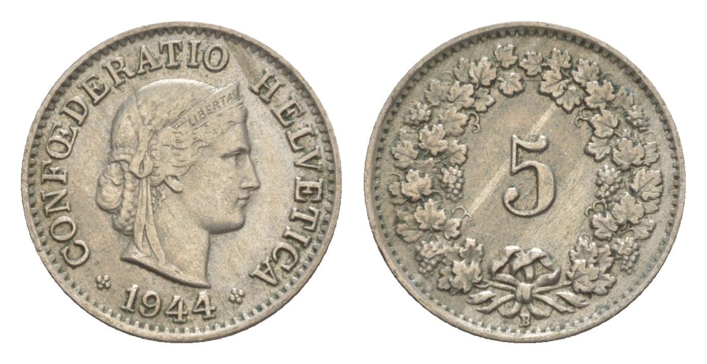 Швейцария 5 раппенов 1944 B KM 26 медно-никель 4627-811