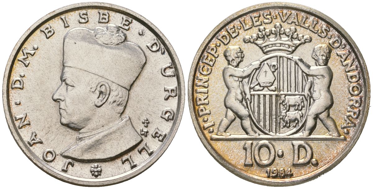 Андорра 10 динеров 1984 Жоан Марти-и-Аланис. Епископ Уржеля, тираж 7500 экз. KM 17 серебро BU 4606-625