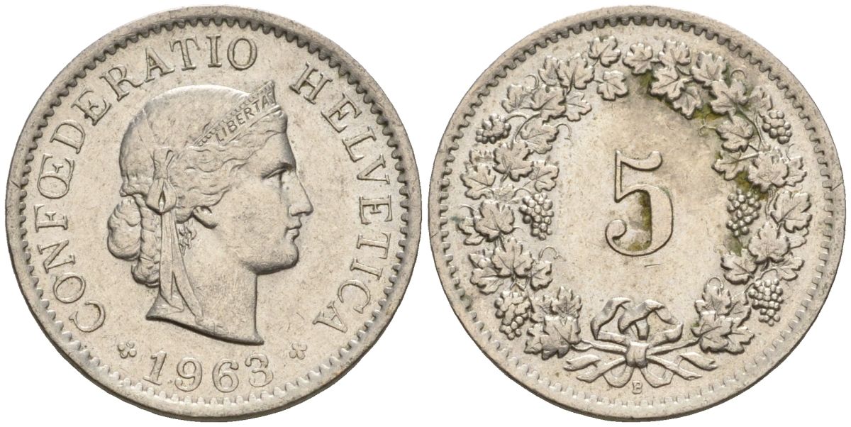 Швейцария 5 раппенов 1963 B KM 26 медно-никель 4608-451
