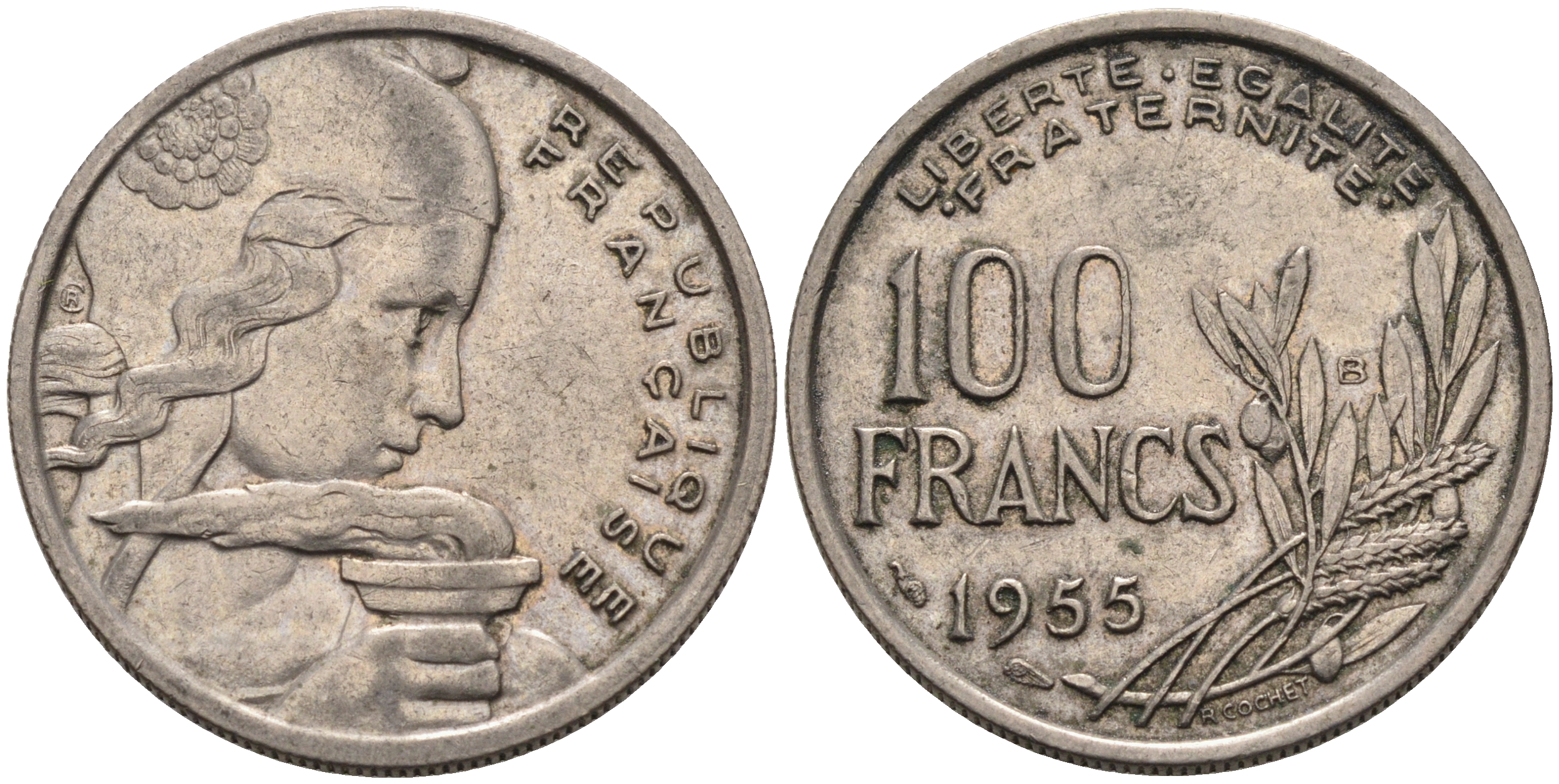 ФРАНЦИЯ 100 ФРАНКОВ 1955 В KM 919.2 медно-никель 4589-717