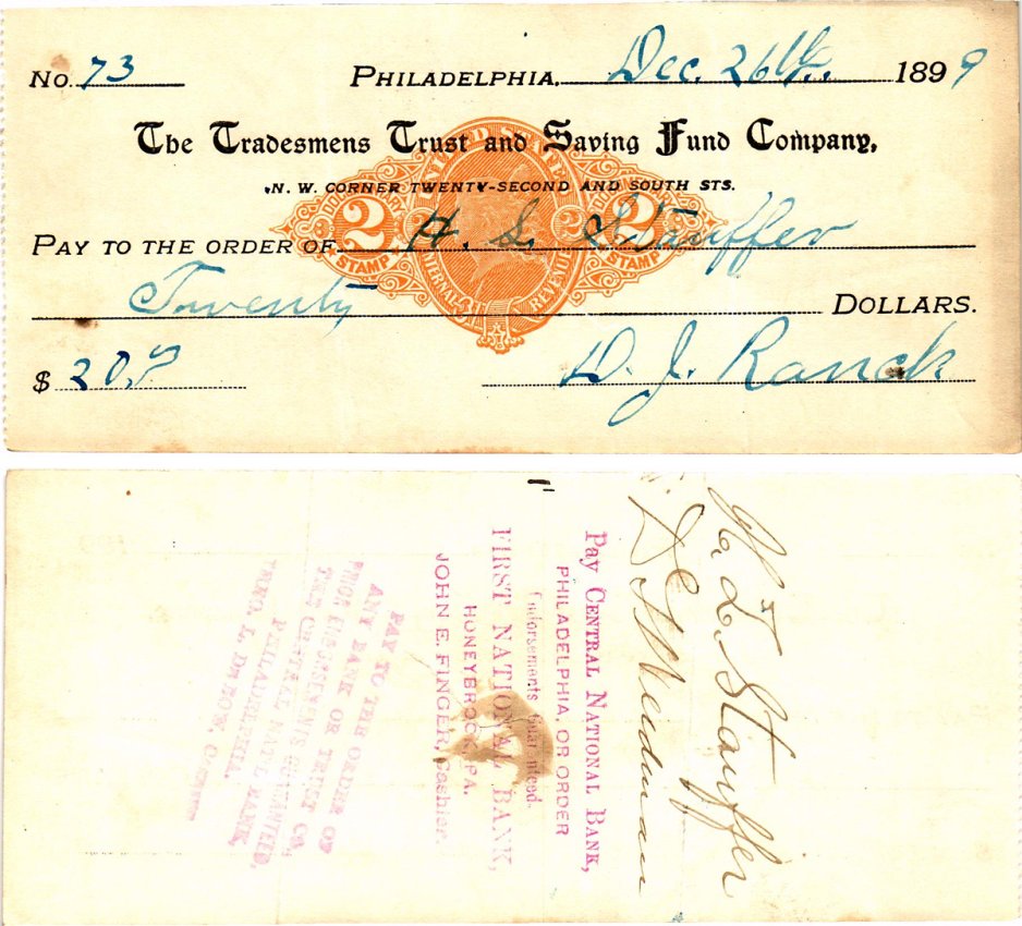 США чек на 20 долларов 1899 Филадельфия бумага 2196-47-1-1