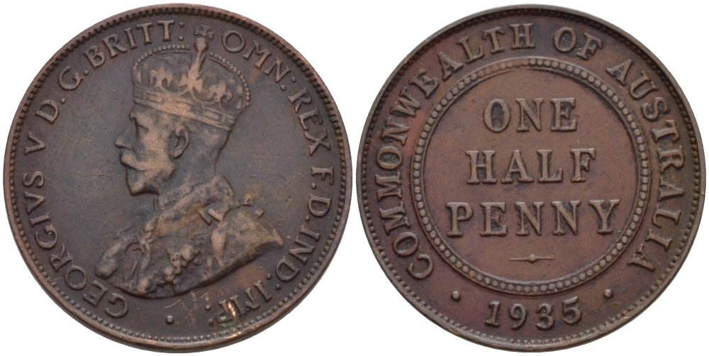 АВСТРАЛИЯ 1/2 ПЕННИ 1935 ГЕОРГ V KM 22 бронза 67-1225