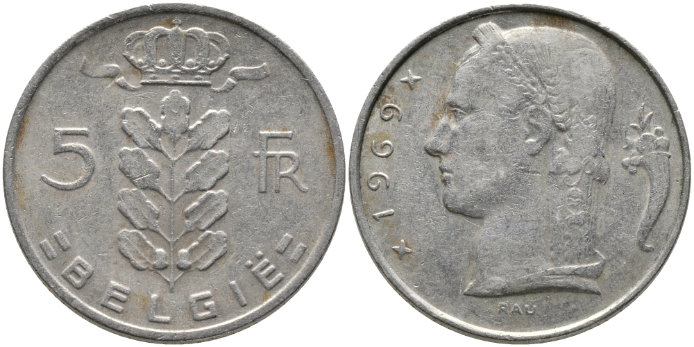 БЕЛЬГИЯ 5 ФРАНКОВ 1969 BELGIE KM 135.1 медно-никель 65-1142