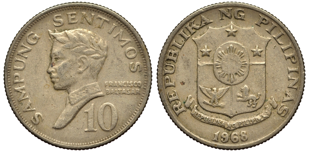 ФИЛИППИНЫ 10 СЕНТИМО 1968 ПОЭТ ФРАНСИСКО БАЛЬТАСАР KM 198 медь цинк никель F 4181-245
