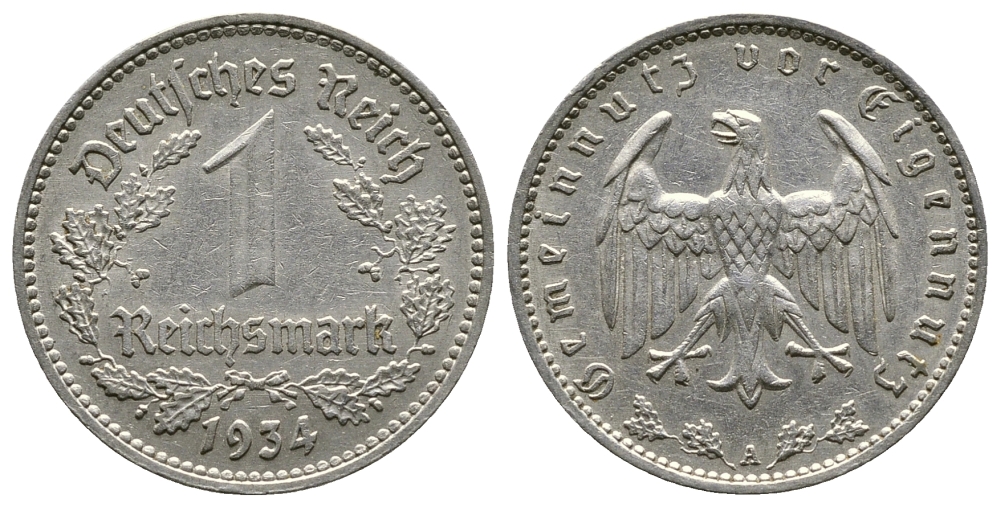 ГЕРМАНИЯ 1 РЕЙХСМАРКА 1934 А KM 78, J. 354 никель 4380-532