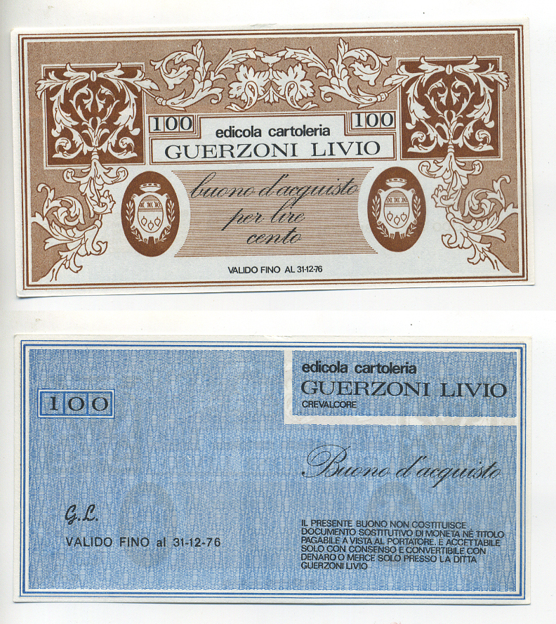 Италия купон на 100 лир ND канцелярский магазин, guerzoni livio, действителен до 31.12.1976 бумага UNC (пресс) 7221-3-3-2