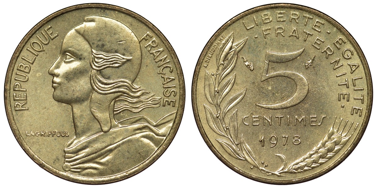 Франция 5 сантимов 1978 тип Marianne KM 933, Le Franc 125.14 медь алюминий никель 4124-334