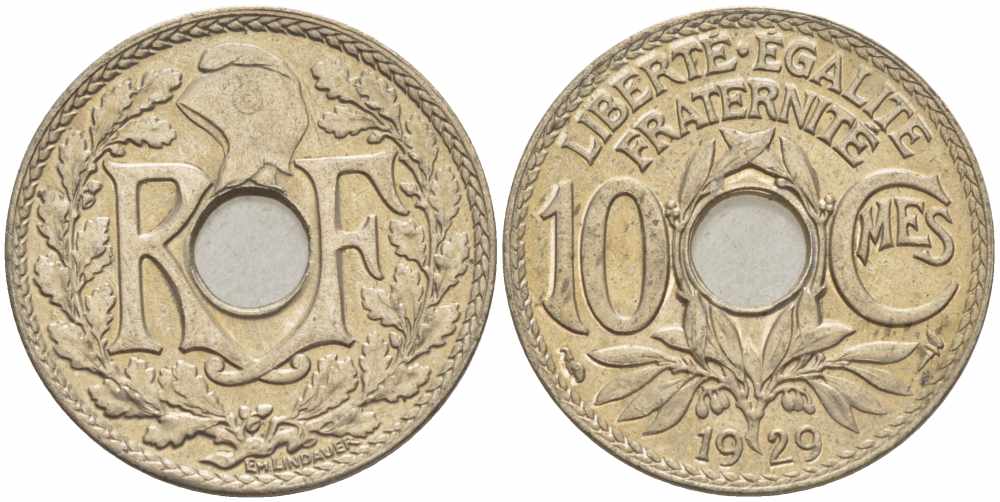 ФРАНЦИЯ 10 САНТИМОВ 1929 ТИП ЛИНДАЙЁ KM 866а, LE FRANC 138.16 медно-никель 108-213