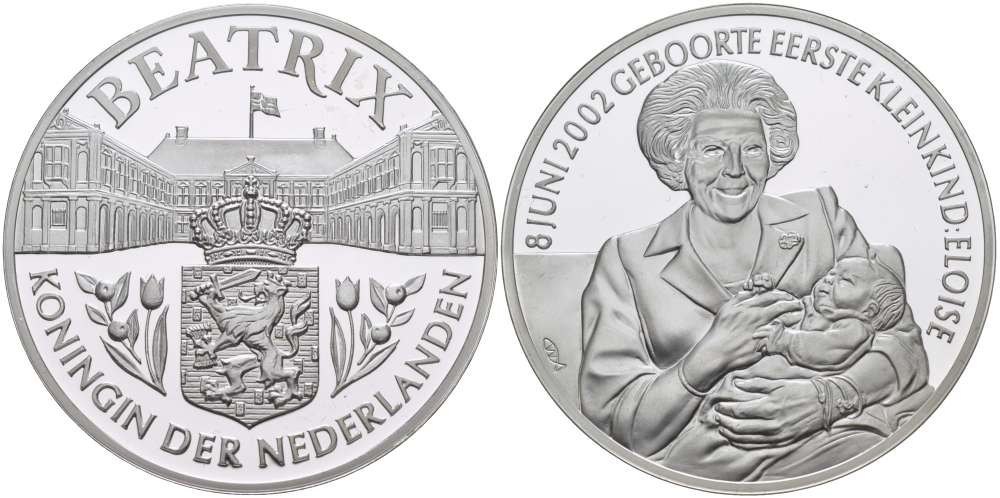 Нидерланды медаль ND королева Беатрикс, 8 июня 2002 года, рождение первого внука Элоиза, диаметр 38,5 мм., вес 22,12 гр.  серебро  PROOF  1078-6-63