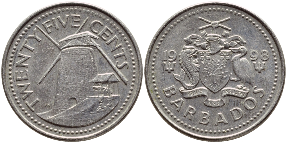 Барбадос 25 центов 1998 ветряная мельница Моргана Льюиса KM 13 медно-никель 4398-437