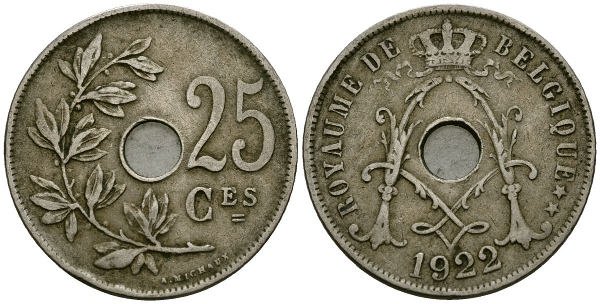 Бельгия 25 сантимов 1922 Belgique KM 68 медно-никель 4168-1246