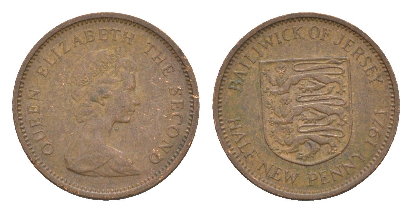 Джерси 1/2 нового пенни 1971 герб, Елизавета II (1952-2022) KM 29 бронза 4655-942