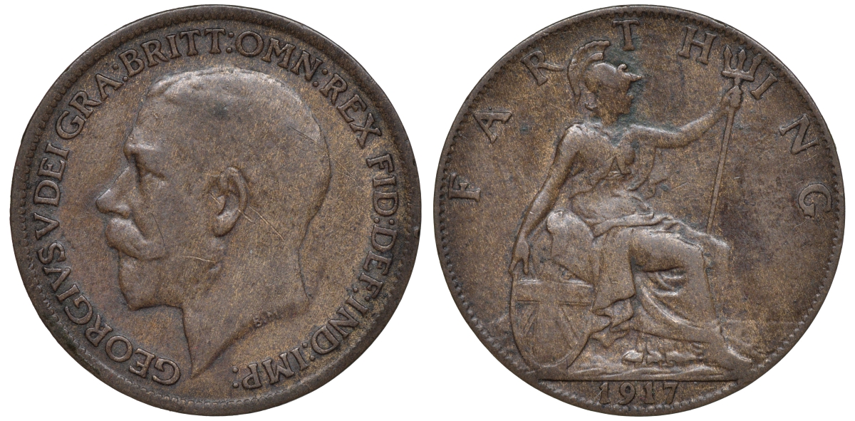 Великобритания 1 фартинг 1917 Георг V (1910-1936), темная отделка KM 808.1, Spink 4059 бронза 4609-1038