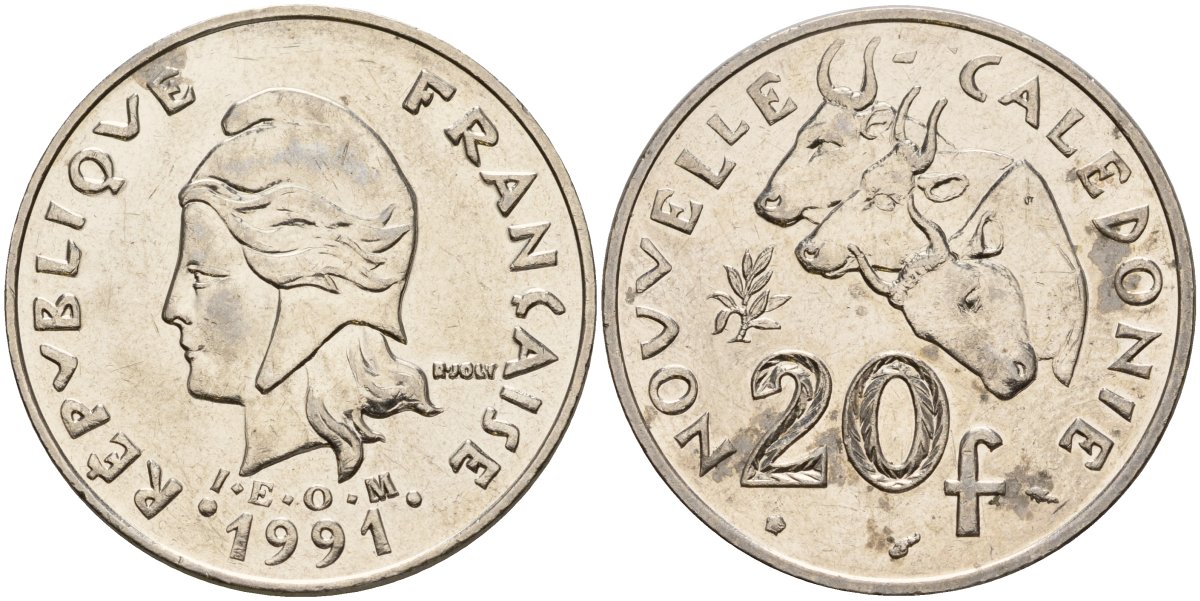 Французская Новая Каледония 20 франков 1991 коровы KM 12 никель 4587-1223