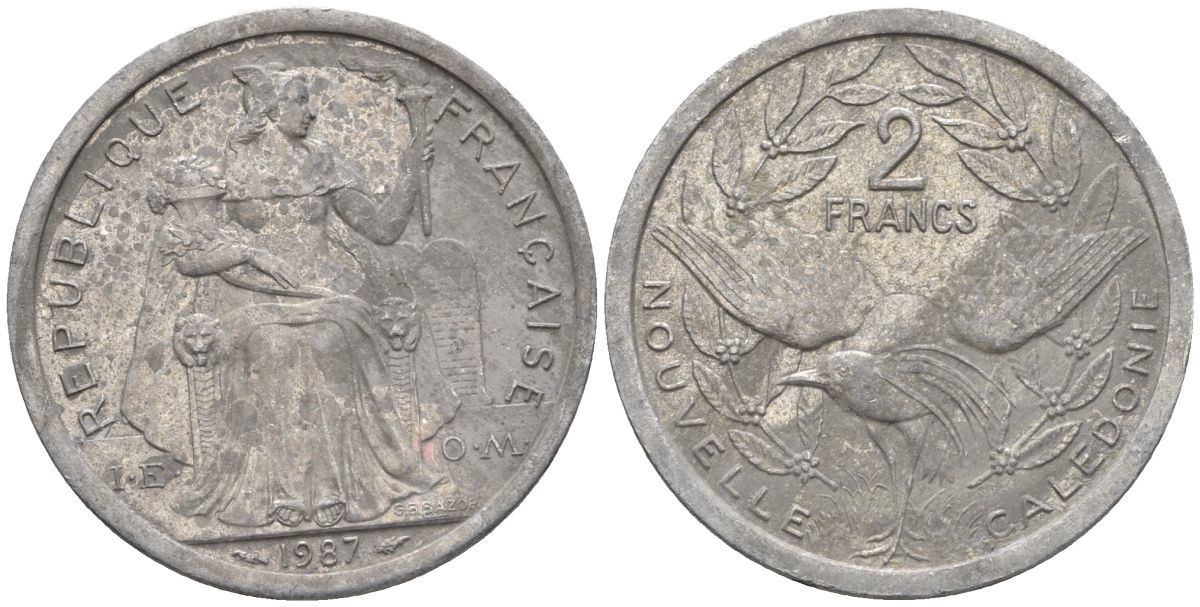 Французская Новая Каледония 2 франка 1987 птица кагу, (IEOM) KM 14, Schoen 11, Lec 64 алюминий    27-1036