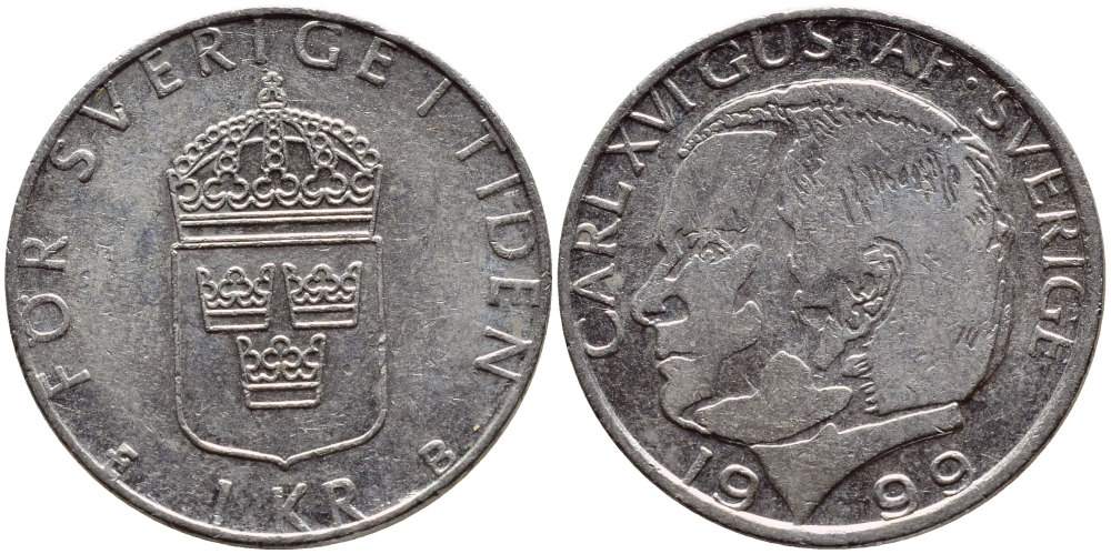 Швеция 1 крона 1999 Карл XVI Густав (1973- ) KM 852a медно-никель 89-413