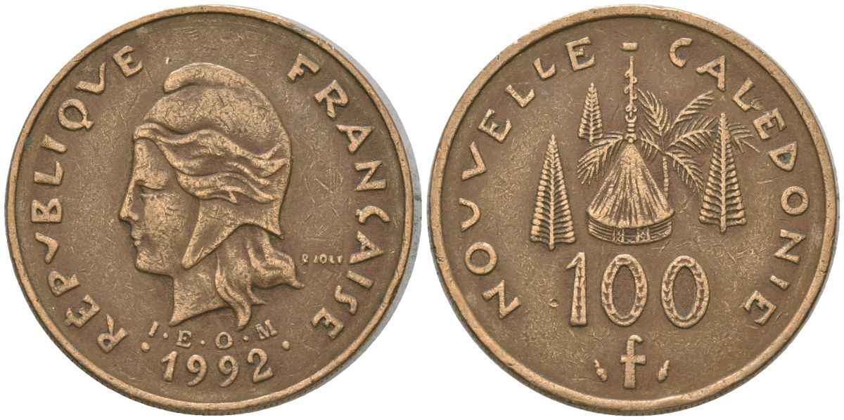 Французская Новая Каледония 100 франков 1992 хижина среди сосен и пальм, (IEOM) KM 15, Schoen 16, Lec 137 никель латунь 4140-742
