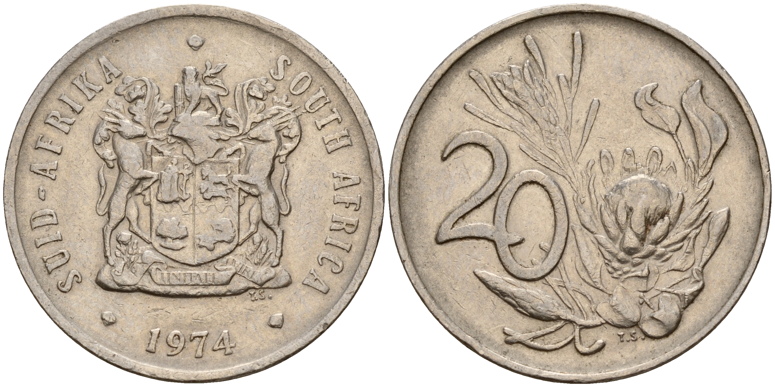 ЮАР 20 центов 1974 герб, цветок протея KM 86  никель    4601-856