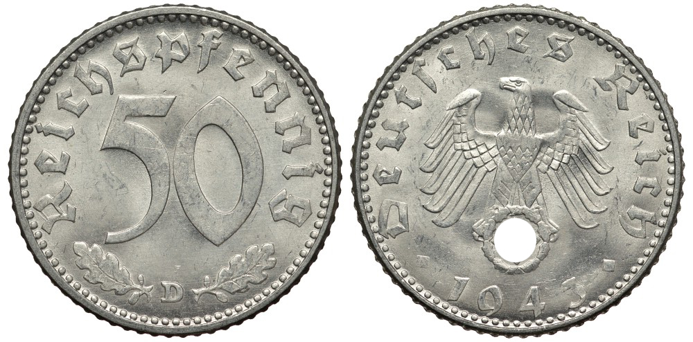 Германия 50 рейхспфеннигов 1943 D цена по каталогу МТ 80 евро J. 372, KM 96 алюминий UNC 413-4834