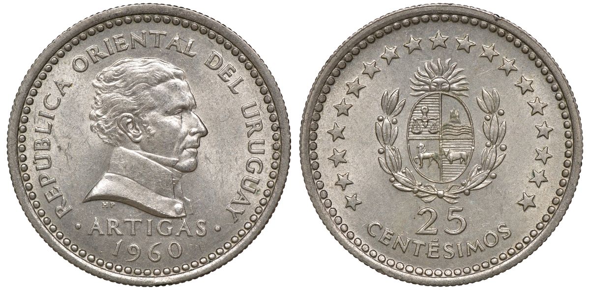 Уругвай 25 сентесимо 1960 KM 40 медно-никель 4169-769