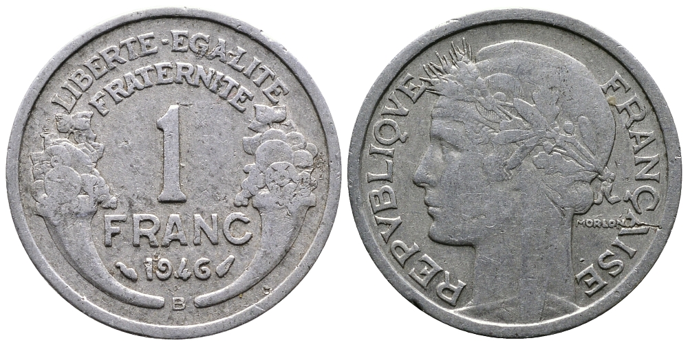 ФРАНЦИЯ 1 ФРАНК 1946 В KM 885а.2 алюминий 83-1933