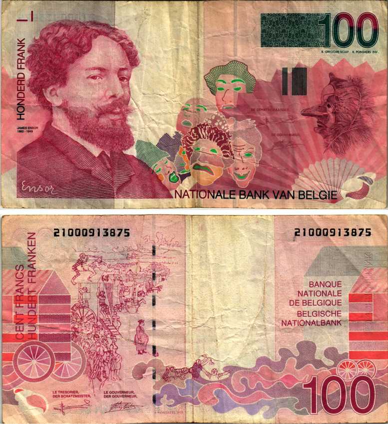 БЕЛЬГИЯ 100 ФРАНКОВ 1995-2001 ПОДПИСЬ (5 И 15), ХУДОЖНИК ДЖЕЙМС ЭНСОР Pick 147 бумага 6312-67-1-1