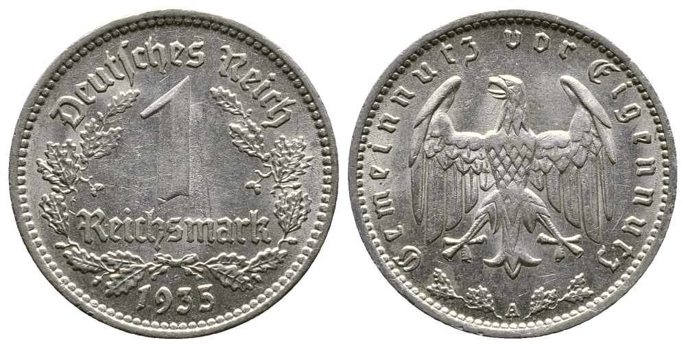 ГЕРМАНИЯ 1 РЕЙХСМАРКА 1935 А KM 78, J. 354 никель 4380-525
