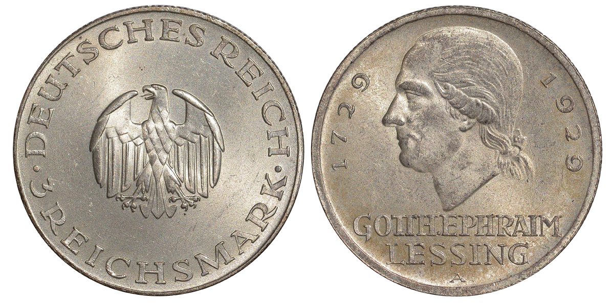 Германия 3 марки 1929 A, 200 лет со дня рождения Лессинга J. 335, KM 60 серебро UNC 413-4013