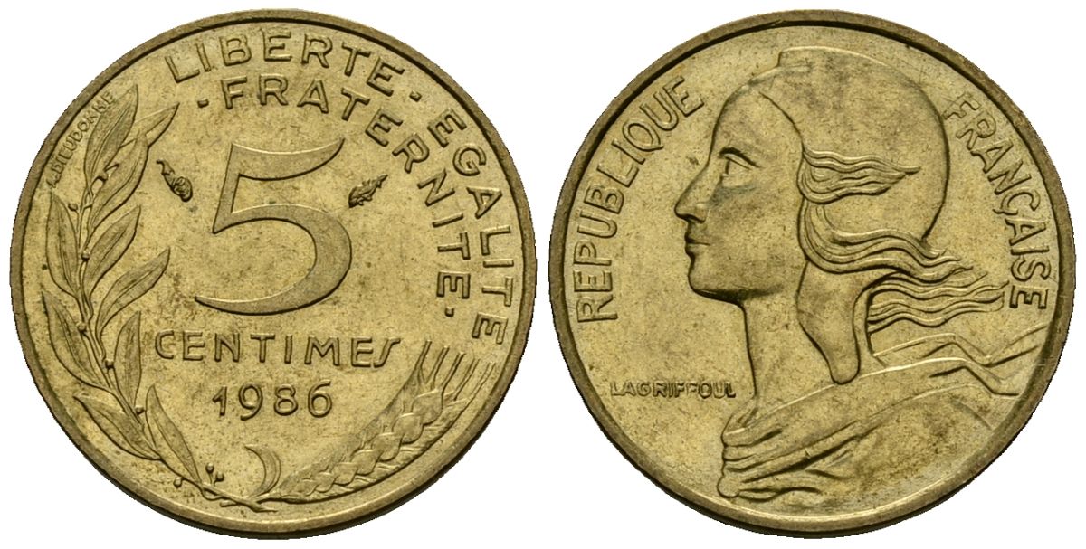 Франция 5 сантимов 1986 тип Marianne KM 933 алюминиевая бронза 4136-446