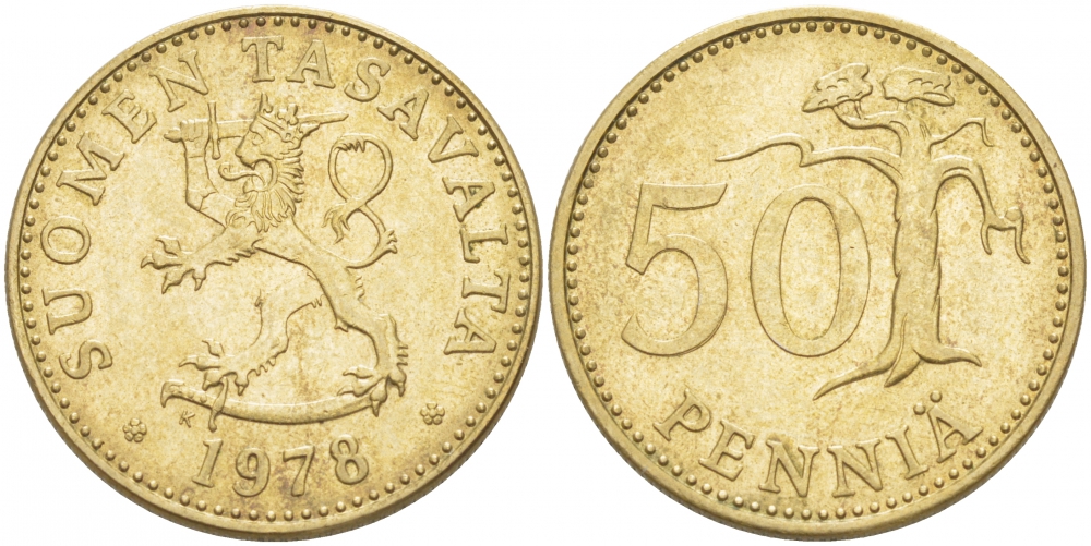 ФИНЛЯНДИЯ 50 ПЕННИ 1978 K KM 48 алюминиевая бронза 212-1047