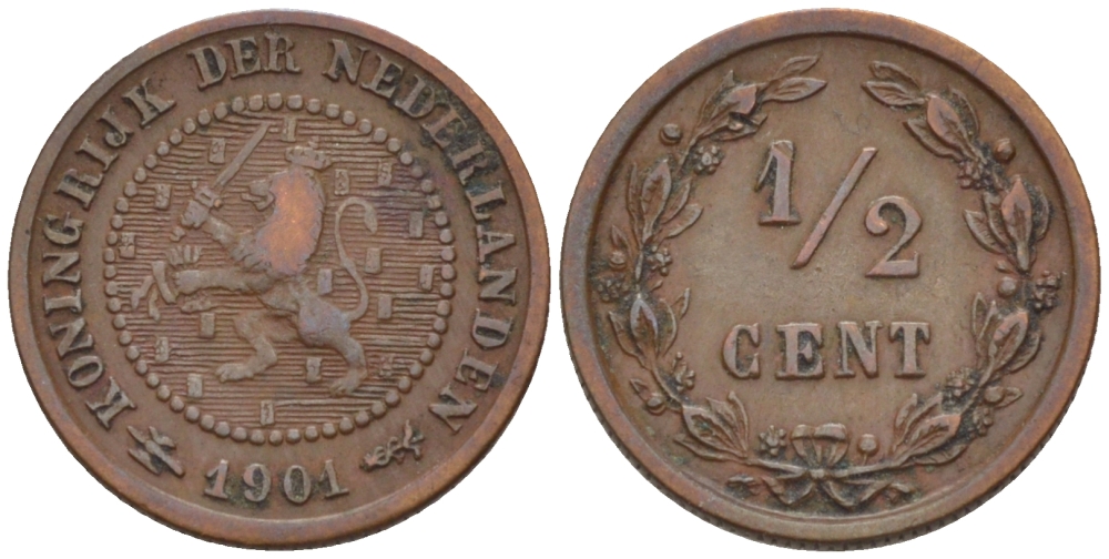 НИДЕРЛАНДЫ 1/2 ЦЕНТА 1901 ВИЛЬГЕЛЬМИНА (1890-1948) KM 109 бронза 39-145