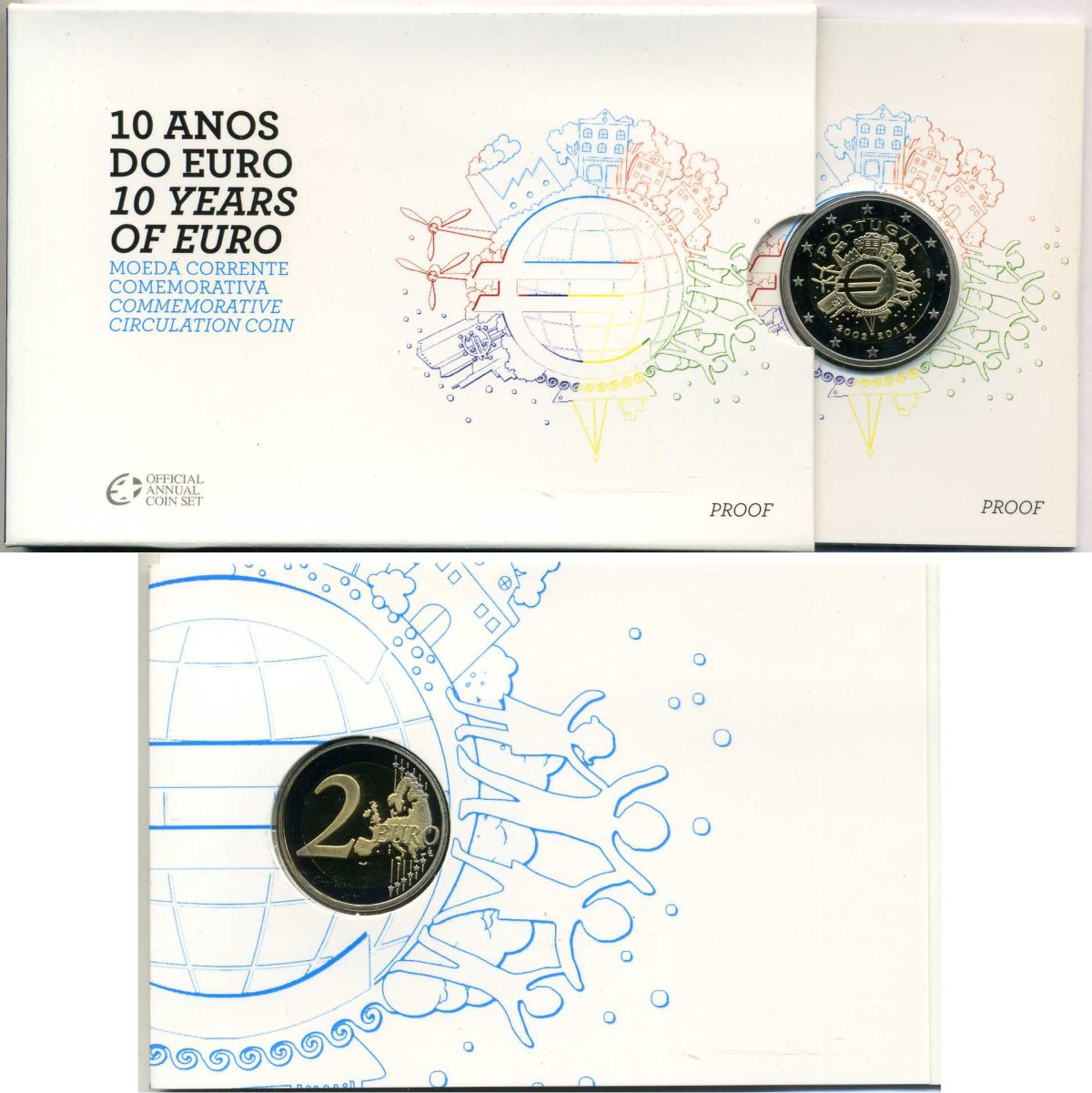 Португалия 2 евро 2012 10 лет монетарной политике и наличному евро, запайка, картонный буклет KM 812 биметалл PROOF 3-4-8-55