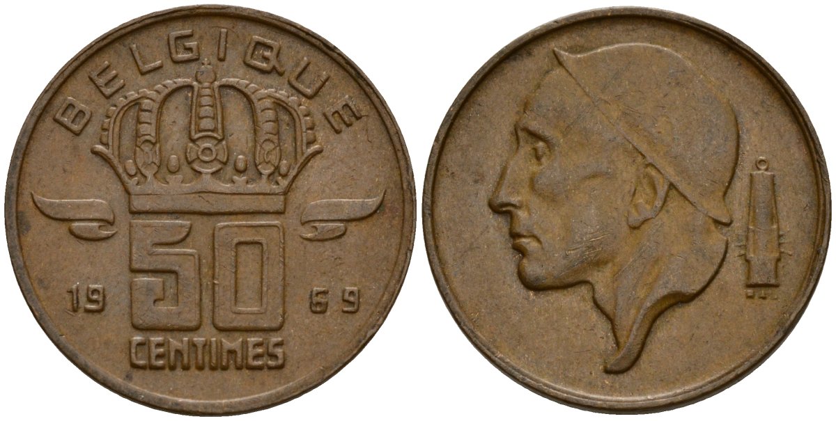 Бельгия 50 сантимов 1969 Belgique, Бодуэн I (1951-1993) KM 148 бронза 4154-1052