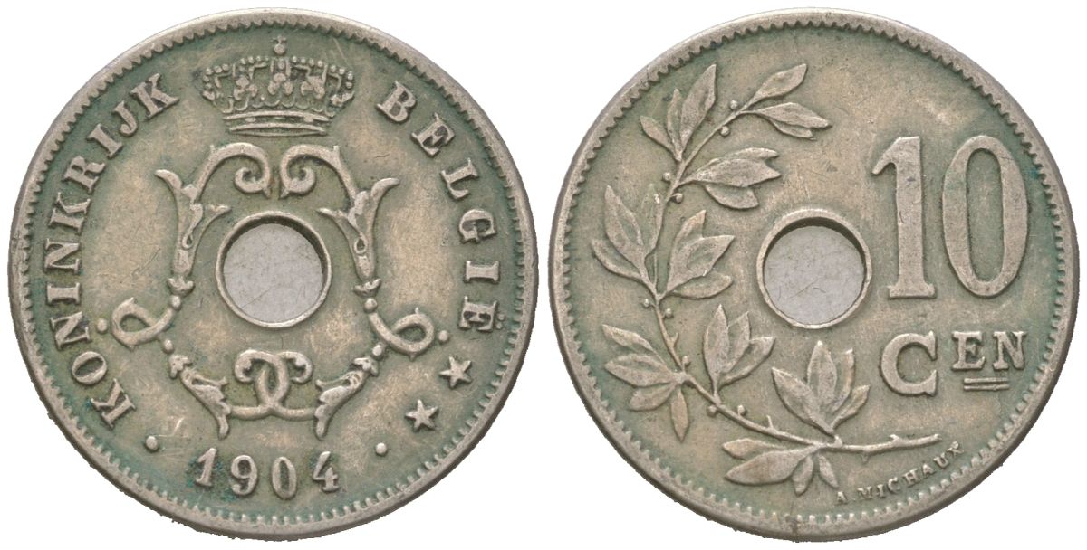 Бельгия 10 сантимов 1904 Belgie, Леопольд II (1865-1909) KM 53 медно-никель 4615-667