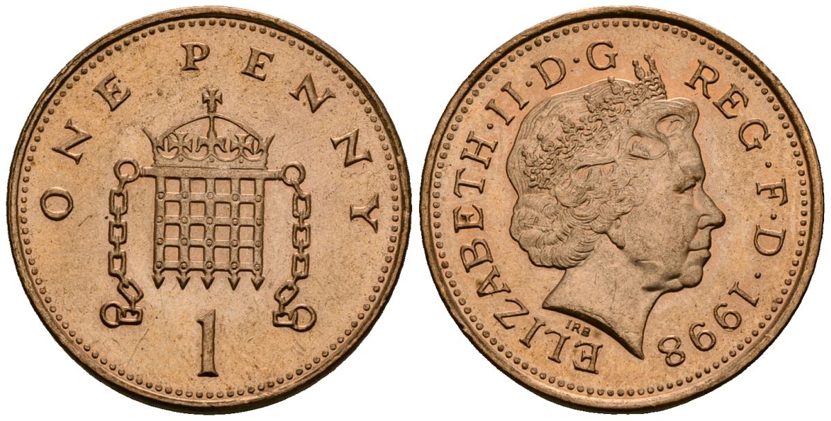 Великобритания 1 пенни 1998 Елизавета II (1952-2022) KM 986, Spink 4710 (B5) сталь плакированная медью 4167-1237