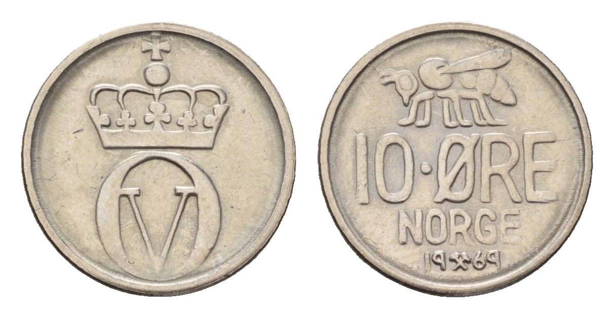 Норвегия 10 эре 1969 Улаф V (1957-1991) KM 411 медно-никель 4588-433
