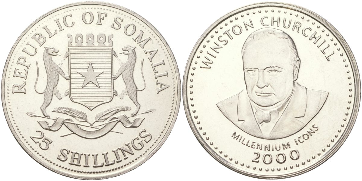 Сомали 25 шиллингов 2000 Иконы тысячелетия - Уинстон Черчилль KM 70 медно-никель BU 1529-735
