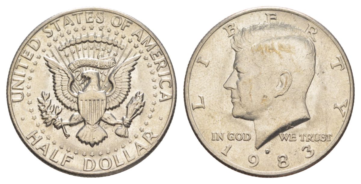 США 1/2 доллара (50 центов) 1983 D, Джон Кеннеди KM A202b медь плакированная медно-никелем aUNC 180-516