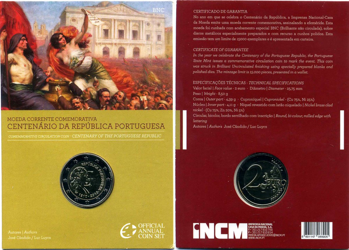 Португалия 2 евро 2010 100 лет Португальской Республике, запайка, картонный буклет KM 796 биметалл BUNC 3-4-8-37