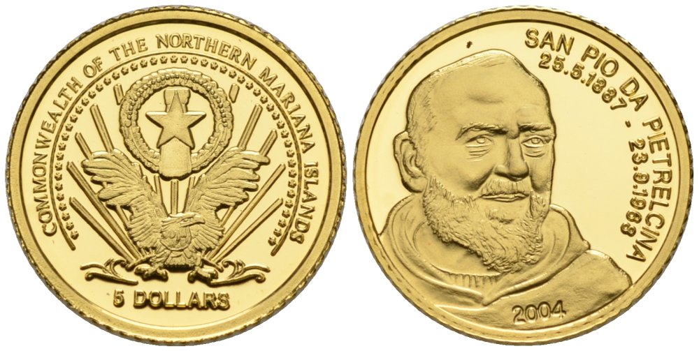Северные Марианские острова 5 долларов 2004 Святой Пио из Пьетрельчины (1887-1968) KM NEW золото PROOF 02-117-41